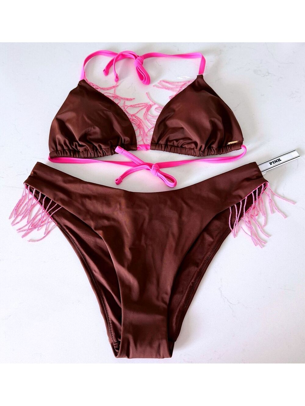 Victoria's Secret PINK Ganache Pink Beaded Fringe Triangle String Bikini Set XL